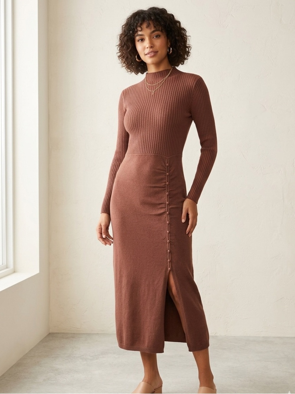 Nicole Miller Long Sleeve Midi Dress in Brick Brown